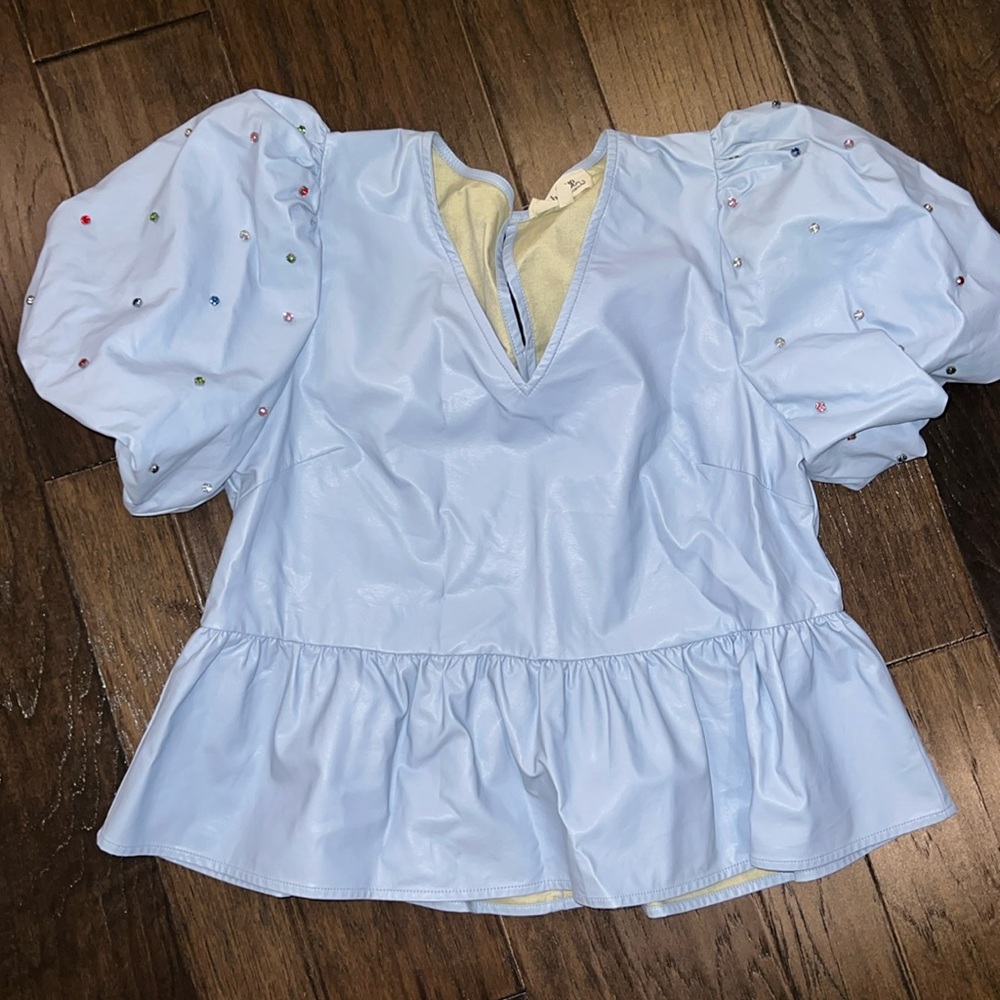 Peach Love California Light Blue Puff Sleeve Peplum Top with Multicolor Beads